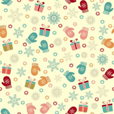 Kar taneleri, mittens ve hediye kutuları bir deseni ile Seamless Noel modeli.