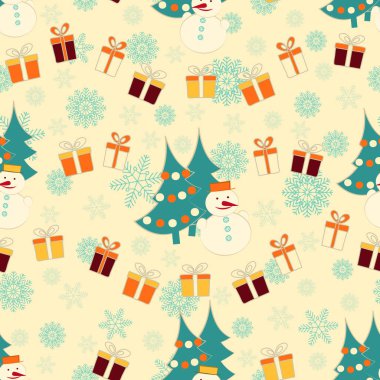 Dikişsiz Noel desen görüntü ile Noel ağaçları, kardan adam ve hediye kutuları.
