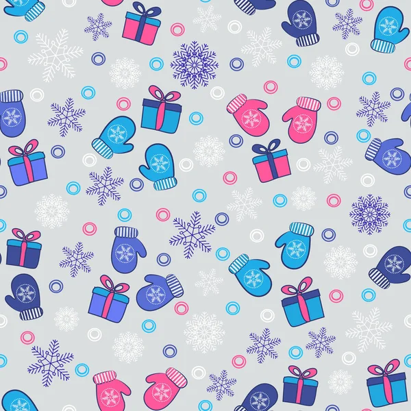 Seamless Christmas Pattern Pattern Snowflakes Mittens Gift Boxes — Stock Vector