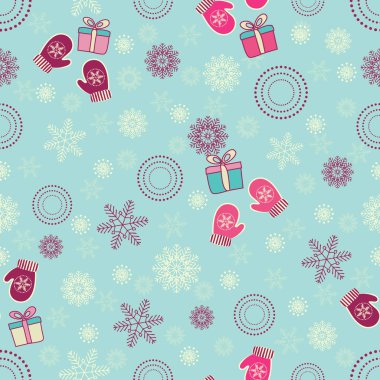 Kar taneleri, mittens ve hediye kutuları bir deseni ile Seamless Noel modeli.