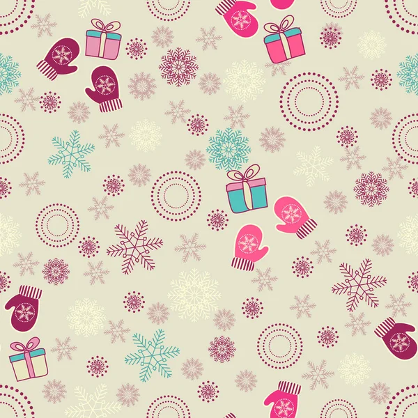 Nahtloses Weihnachtsmuster Mit Einem Muster Aus Schneeflocken Fäustlingen Und Geschenkschachteln — Stockvektor