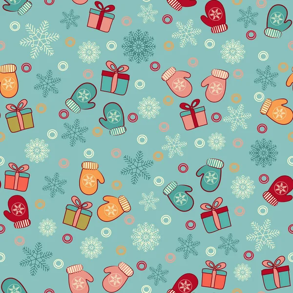 Patrón Navidad Sin Costuras Con Patrón Copos Nieve Mitones Cajas — Archivo Imágenes Vectoriales