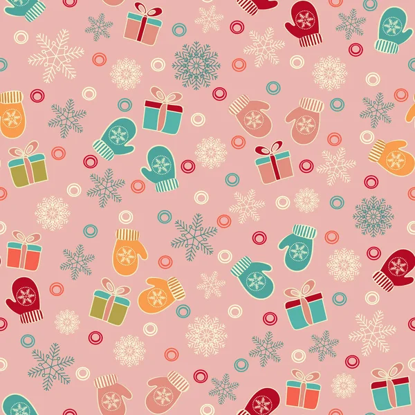 Modèle Noël Sans Couture Avec Modèle Flocons Neige Mitaines Boîtes — Image vectorielle