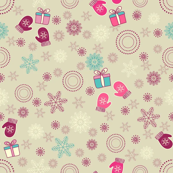 雪の結晶 ミトンとギフト ボックスのパターンでシームレスなクリスマスのパターン — ストックベクタ