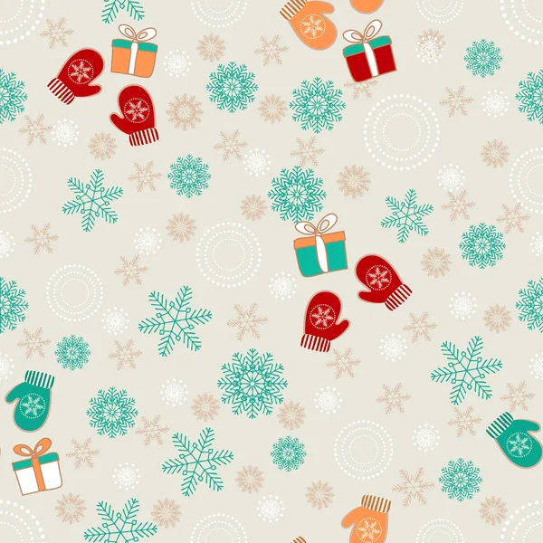 Modèle Noël Sans Couture Avec Modèle Flocons Neige Mitaines Boîtes — Image vectorielle