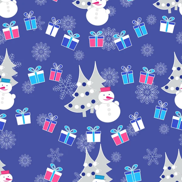 Бесшовный Рождественский Узор Изображением Елки Снеговиков Подарочных Коробок — стоковый вектор