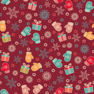 Kar taneleri, mittens ve hediye kutuları bir deseni ile Seamless Noel modeli.