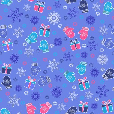 Kar taneleri, mittens ve hediye kutuları bir deseni ile Seamless Noel modeli.
