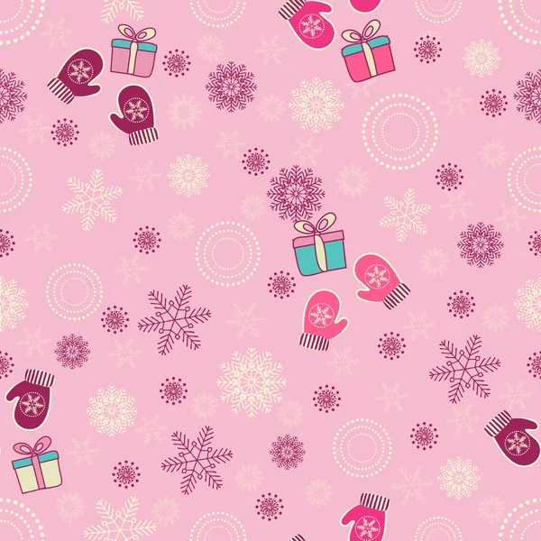 Naadloze Kerst Patroon Met Een Patroon Van Sneeuwvlokken Wanten Geschenkverpakkingen — Stockvector