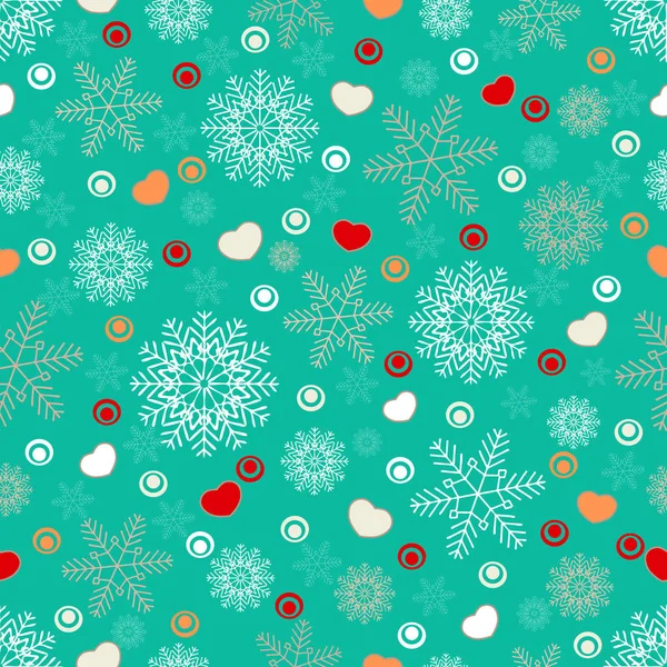 Nahtloses Weihnachtsmuster Mit Schneeflocken Und Herzen — Stockvektor