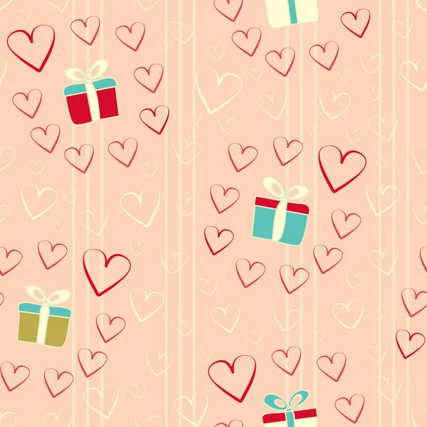 Seamless Pattern Image Gift Boxes Hearts — Stock Vector