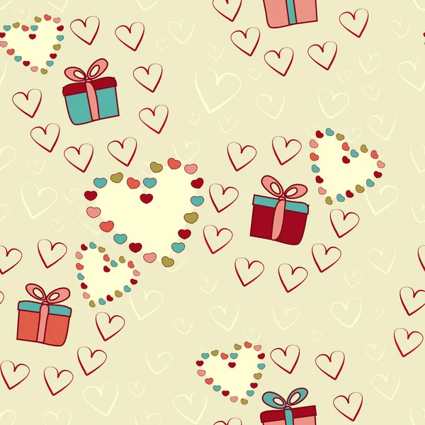 Seamless Pattern Image Gift Boxes Hearts — Stock Vector