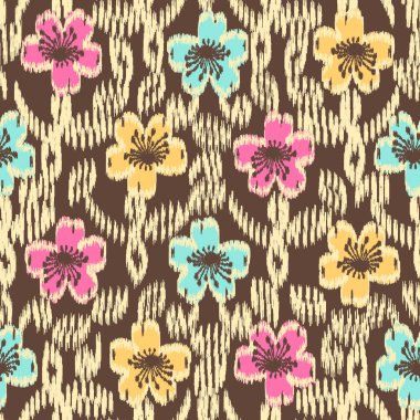 Çiçek süs görüntüsü ile Dikişsiz soyut ikat desen.