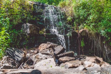 Şelale kayalarda. Orman. Nehir.