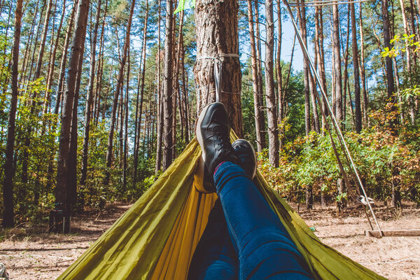 Rest in a pine forest. Lying in a hammock. A hammock in the forest.