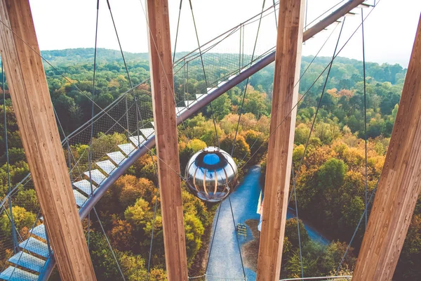 Observation deck. Spiral staircase. Modern architecture. Metal ball on the ropes. Mirror ball. Autumn forest. Beautiful view. Height. The mountains. Germany. Journey. Ball for balance Wooden beams. Metal cables. Tower.