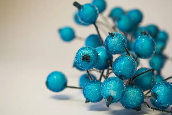 Texture. Fond blanc. L'hiver. Une branche artificielle de baies bleues dans le givre. Des gouttes de rosée. Un décor pour la maison . — Photo