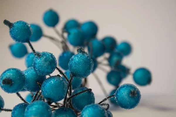 Texture. Fond blanc. L'hiver. Une branche artificielle de baies bleues dans le givre. Des gouttes de rosée. Un décor pour la maison . — Photo