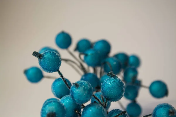 Het patroon. Witte achtergrond. Winter. Een kunstmatige tak van blauwe bessen in rijm. Dauw druppels. Een inrichting voor het huis. — Stockfoto