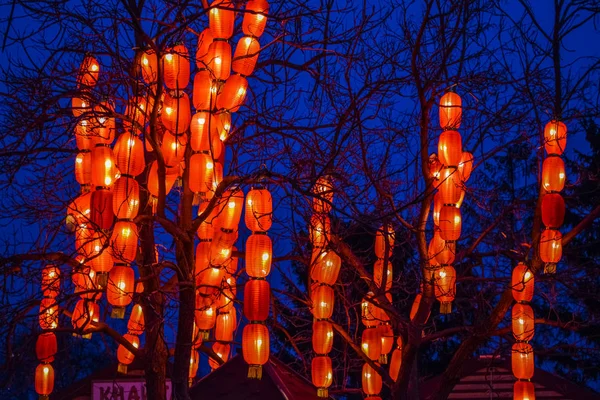 公園内の様々な明るい中国の小さなランプ。ガーランド。通りや家のための珍しい装飾。お祝いの気分 — ストック写真