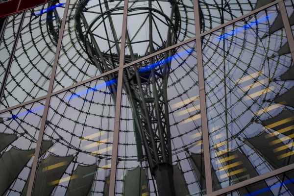 May 15, 2019. Berlin, Germany. Trade, office complex of Sony with white and round dome over glass buildings. Reflection in windows — Stock Photo, Image