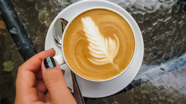 On glass table is white cup of cappuccino and latte art. Rosetta. Coffee shop and autumn. Morning coffee.