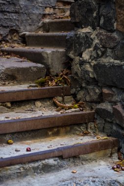 Kırık eski bir yaprağın arka planı ya da dokusu, metal direkleri ve düşen sonbahar, sarı yaprakları olan sokağın beton basamakları. Taş duvar.