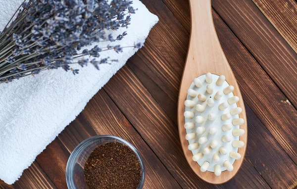 Pinsel Waschlappen Für Körpermassage Und Hautreinigung Mit Natürlichem Kaffee Peeling — Stockfoto