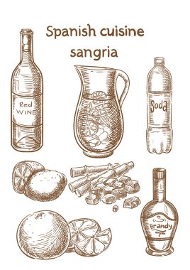 İspanya mutfağı. Sangria malzemeler vektör kroki.