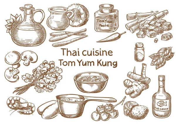 Страви Тайської Кухні Tom Yum Кунг Інгредієнти Векторні Ескіз — стоковий вектор