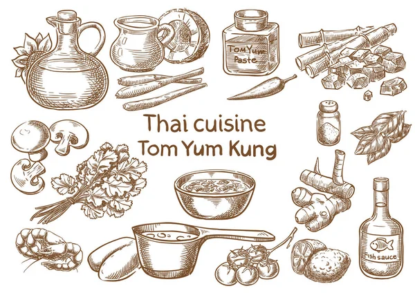 Thaise Keuken Tom Yum Kung Ingrediënten Vector Sketch Stockvector