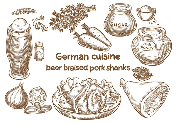 Alman Mutfağı Bira Domuz Shanks Kızarmış Geleneksel Octoberfest Gıda Kroki — Stok Vektör