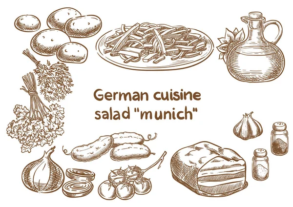 Duitse Keuken Salade Munich Ingrediënten Traditionele Oktoberfest Voedsel Schets Tekening — Stockvector
