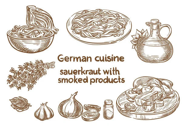 Cocina Alemana Sauerkraut Con Productos Ahumados Ingredientes Dibujo Del Boceto — Vector de stock