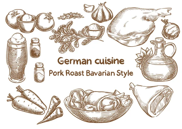 Duitse Keuken Varkensrollade Beierse Stijl Traditionele Oktoberfest Voedsel Schets Tekening — Stockvector