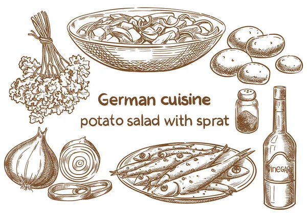 Duitse Keuken Aardappelsalade Met Sprot Traditionele Oktoberfest Voedsel Schets Tekening Stockvector