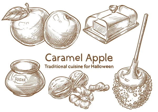 Традиционные Ингредиенты Хэллоуина Карамельное Яблоко — стоковый вектор