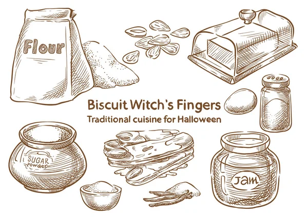伝統的なハロウィーンの食品食材 ビスケットの魔女の指 — ストックベクタ