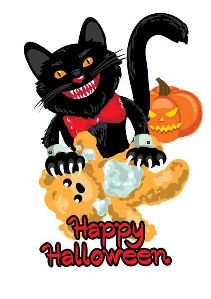 Gatto Nero Che Strappa Orsacchiotto Biglietto Invito Halloween — Vettoriale Stock