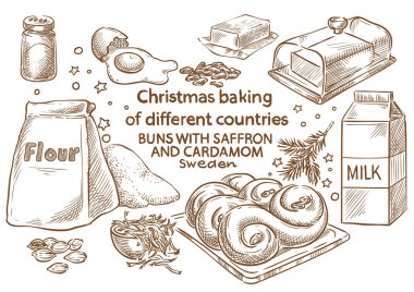 Noel pişirme. Safran ve kakule ile Ingredients.Buns. İsveç