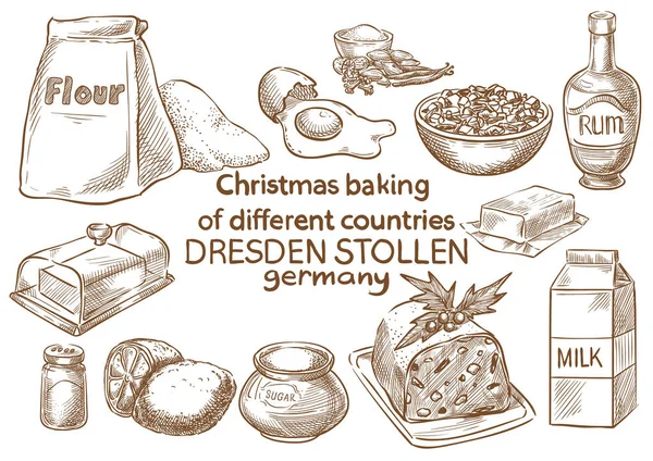 Cozimento Natal Ingredientes Dresden Stollen Alemanha — Vetor de Stock