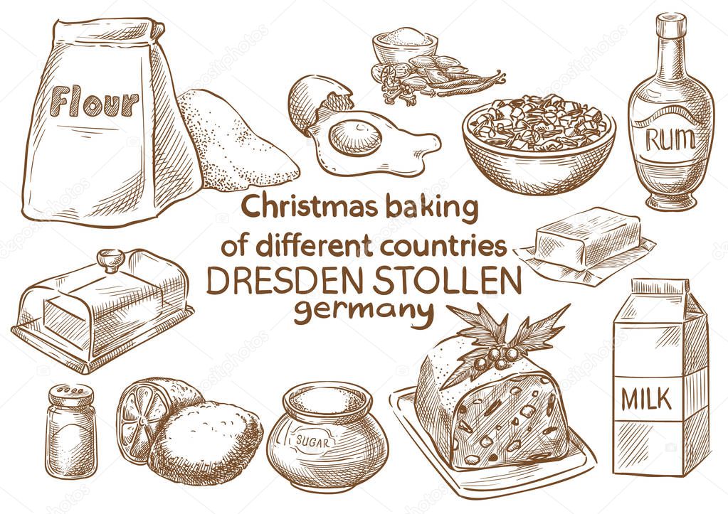 Christmas baking. Ingredients.Dresden stollen. Germany