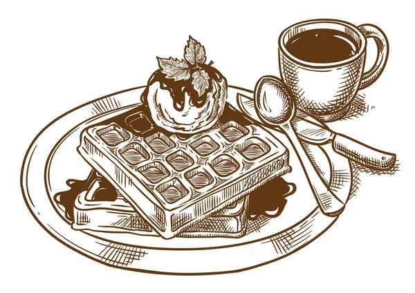 Petit Déjeuner Gaufres Belges Avec Crème Glacée Café — Image vectorielle
