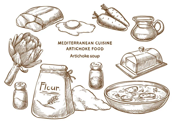 Mediterranean Cuisine Artichoke Soup Sketch Ingredients — Stock Vector