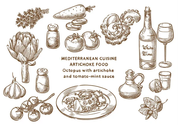 地中海美食 章鱼配洋芋和番茄薄荷酱 素描成分 免版税图库插图