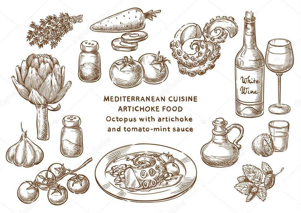 Mediterranean cuisine. Octopus with artichoke and tomato-mint sauce. Sketch Ingredients