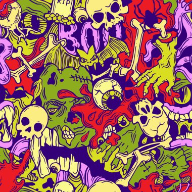 Korku unsurları ile Seamless çok renkli Cadılar Bayramı modeli.