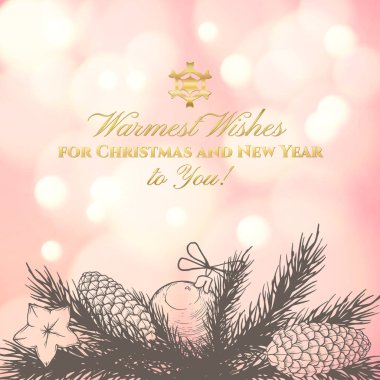 Vintage Noel ve yılbaşı tebrik kartı handdrawn çam dalları, darbe ve Noel topları ile. Vektör çizim