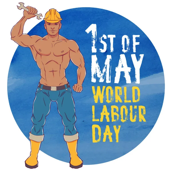 Międzynarodowy Dzień Pracy Pierwszego Maja Ilustracja Młody Człowiek Kombinezon Klucza — Wektor stockowy