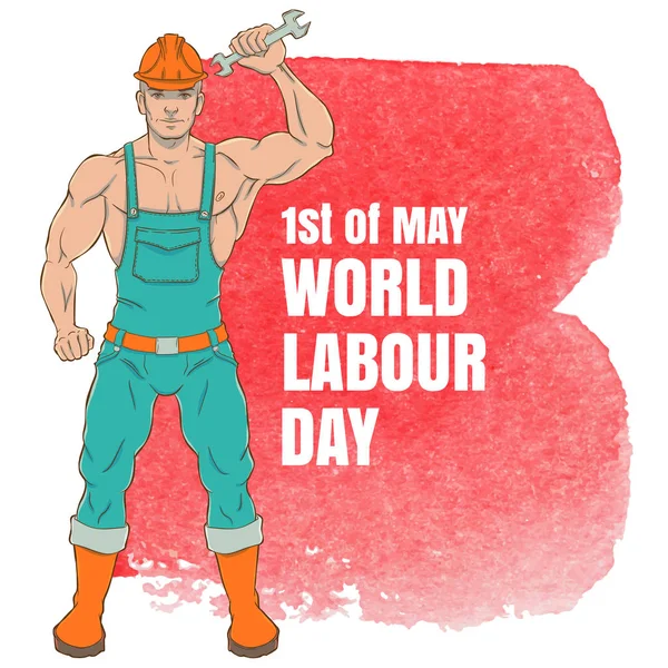 Międzynarodowy Dzień Pracy Pierwszego Maja Ilustracja Młody Człowiek Kombinezon Klucza — Wektor stockowy